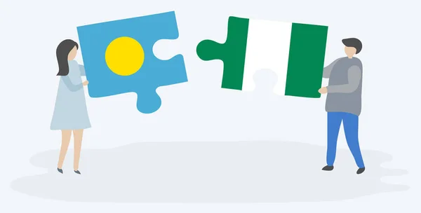 Para Trzyma Dwa Kawałki Puzzli Palauan Flagi Nigerii Palau Nigeria — Wektor stockowy
