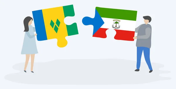 Couple Tenant Deux Pièces Puzzles Avec Des Drapeaux Guinéens Vincentiens — Image vectorielle