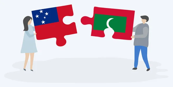 一对夫妇拿着两块拼图 上面挂着萨摩亚和马尔代夫国旗 萨摩亚和马尔代夫国家符号在一起 — 图库矢量图片