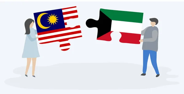 Dvojice Která Drží Dvě Skládanky Vlajkami Malajských Kuvajtské Malajsie Kuvajt — Stockový vektor