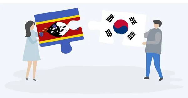 Пара Держащая Две Головоломки Свази Южнокорейскими Флагами Государственные Символы Свазиленда — стоковый вектор