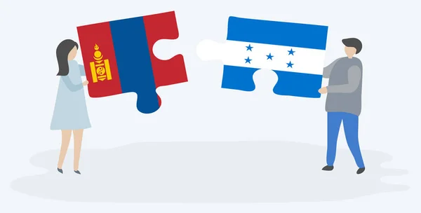 モンゴルとホンジュラスの旗を持つ2つのパズルピースを保持しているカップル モンゴルとホンジュラスの国のシンボル — ストックベクタ