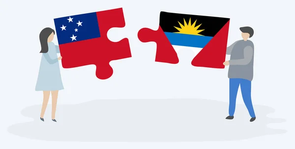 Couple Holding Two Puzzles Pieces Samoan Antiguan Flags Samoa Antigua — Stock Vector