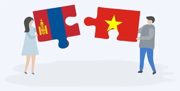 Dvojice Dvě Skládanky Vlajkou Mongolských Vietnamských Národní Symboly Mongolska Vietnamu — Stockový vektor