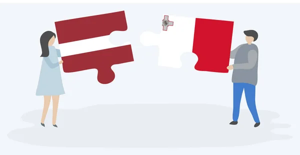Couple Holding Two Puzzles Pieces Latvian Maltese Flags Latvia Malta — Stock Vector