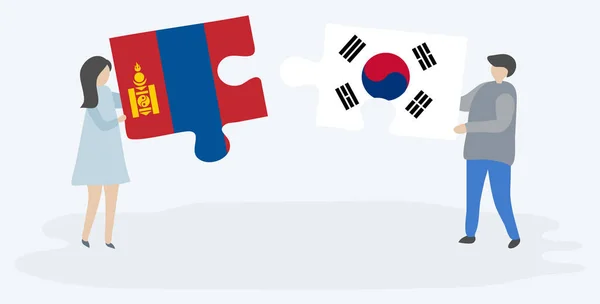 Pár Jich Drží Dvě Skládanky Vlajkou Mongolských Jihokorejských Národní Symboly — Stockový vektor