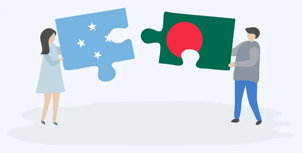 Pareja Sosteniendo Dos Piezas Rompecabezas Con Banderas Micronesia Bangladesh Micronesia — Vector de stock