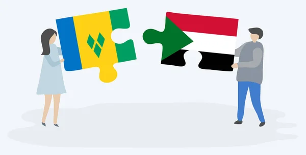 一对夫妇拿着两块拼图 上面挂着文森特和苏丹国旗 圣文森特和格林纳丁斯和苏丹国家象征在一起 — 图库矢量图片