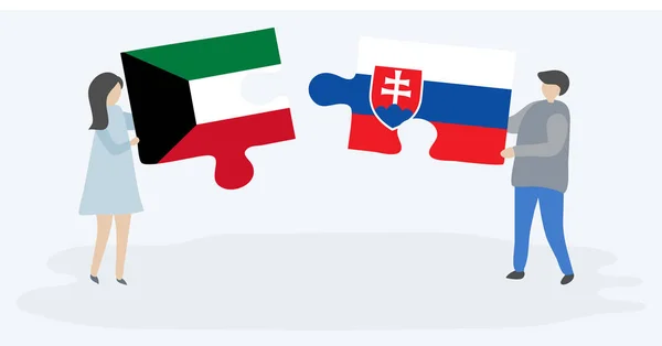 Dvojice Která Drží Dvě Skládanky Kuwaiti Slovenskými Vlajkami Kuvajt Slovensko Royalty Free Stock Ilustrace