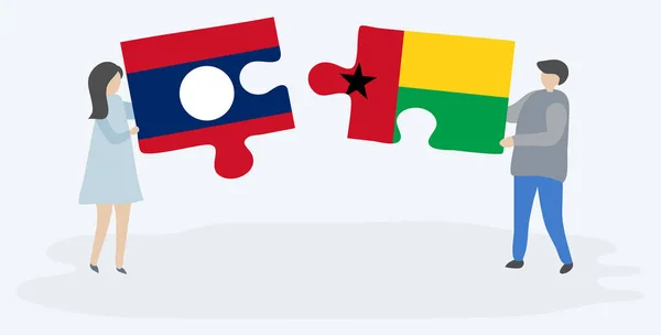 Пара Держащая Две Головоломки Флагами Лао Бисау Гвинеи Лаос Гвинея — стоковый вектор