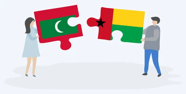 Pareja Sosteniendo Dos Piezas Rompecabezas Con Banderas Maldivas Bissau Guinea — Vector de stock