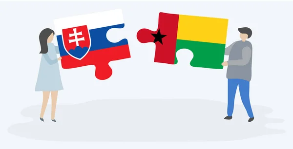 Casal Segurando Duas Peças Quebra Cabeças Com Bandeiras Eslovaca Bissau —  Vetores de Stock
