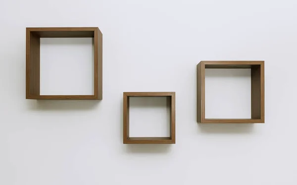 Пустые деревянные полки на белой стене набор из трех — стоковое фото