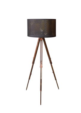 Retro izole beyaz arka plan üzerinde siyah gölge zemin lamba tripod ile ahşap