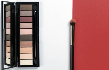 Göz farı toz paleti yat ve beyaz ve kırmızı zemin üzerine fırça