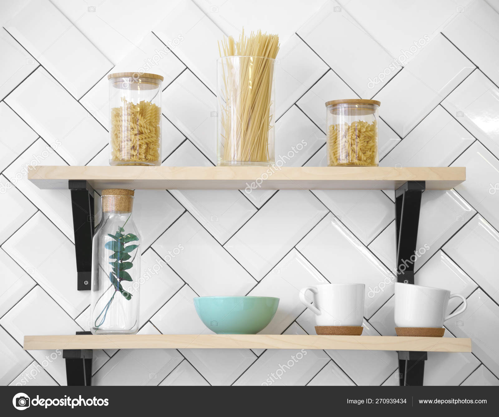Wooden Kitchen Shelves With Cups And, Wooden Kitchen Shelves