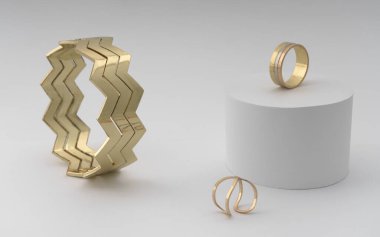 Zigzag şekilli modern altın bilezik, üzerinde iki yüzük var.