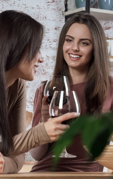 Portret van een lachend meisje dat wijn drinkt met haar vriendin — Stockfoto