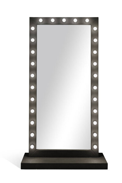 Stand dress mirror with lamps bulbs frame isolated on white background