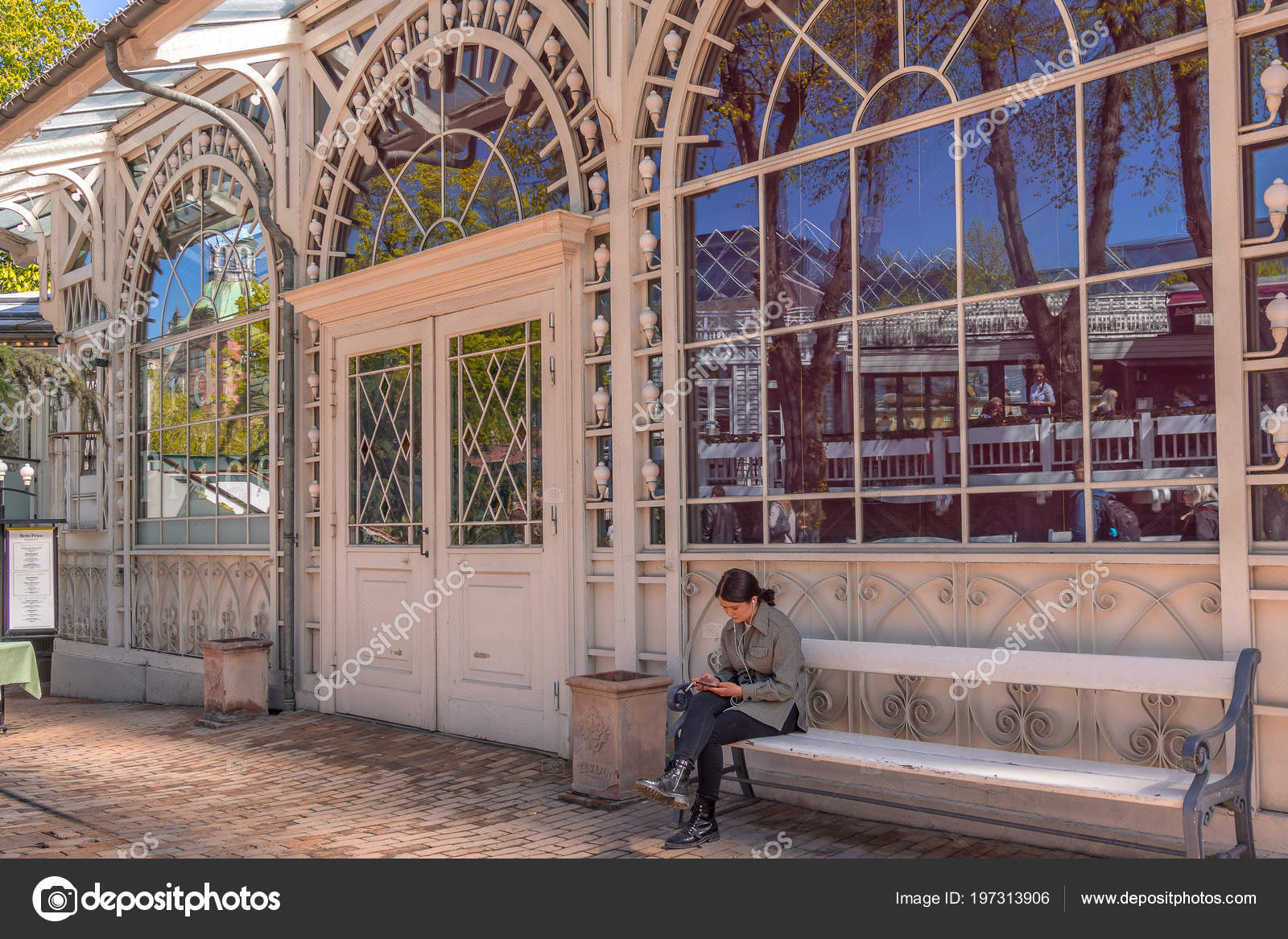 Woman Sitting Bench Restaurant Tivoli Gardens May 2018 Copenhagen