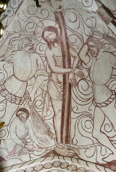 Flagellazione Cristo Cristo Pilastro Affresco Gotico Della Chiesa Bronnestad Svezia — Foto Stock
