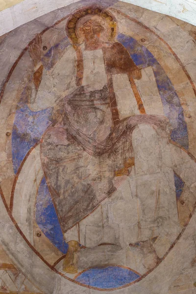 基督坐在他的宝座上 一个罗马式壁画在 Vinslov 2018年5月9日 — 图库照片