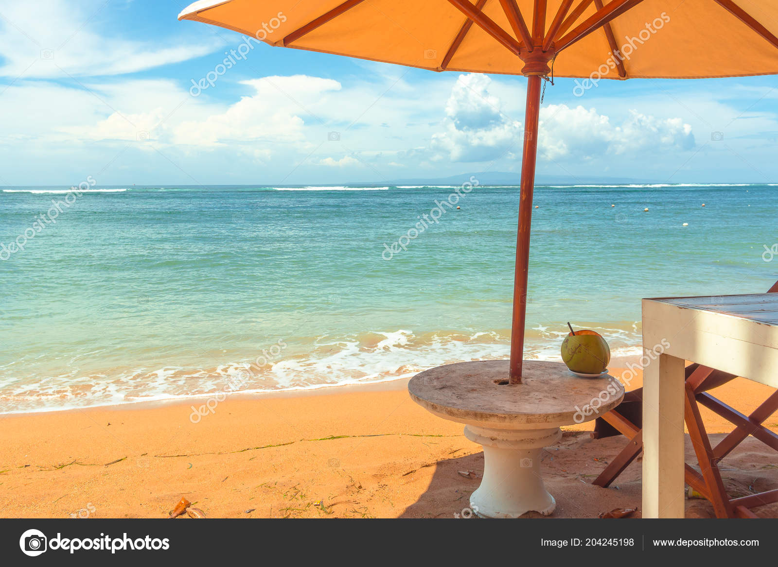 Chair Stone Table Yellow Beach Parasol Relaxing Coconut