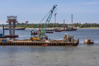 Şantiye Roskilde firth Danimarka, Prenses Mary Köprüsü arasında yeni bir paralı yol, Baar ve Hornsherred, Frederikssund, Danimarka, 25 Mayıs 2018 bağlayacak