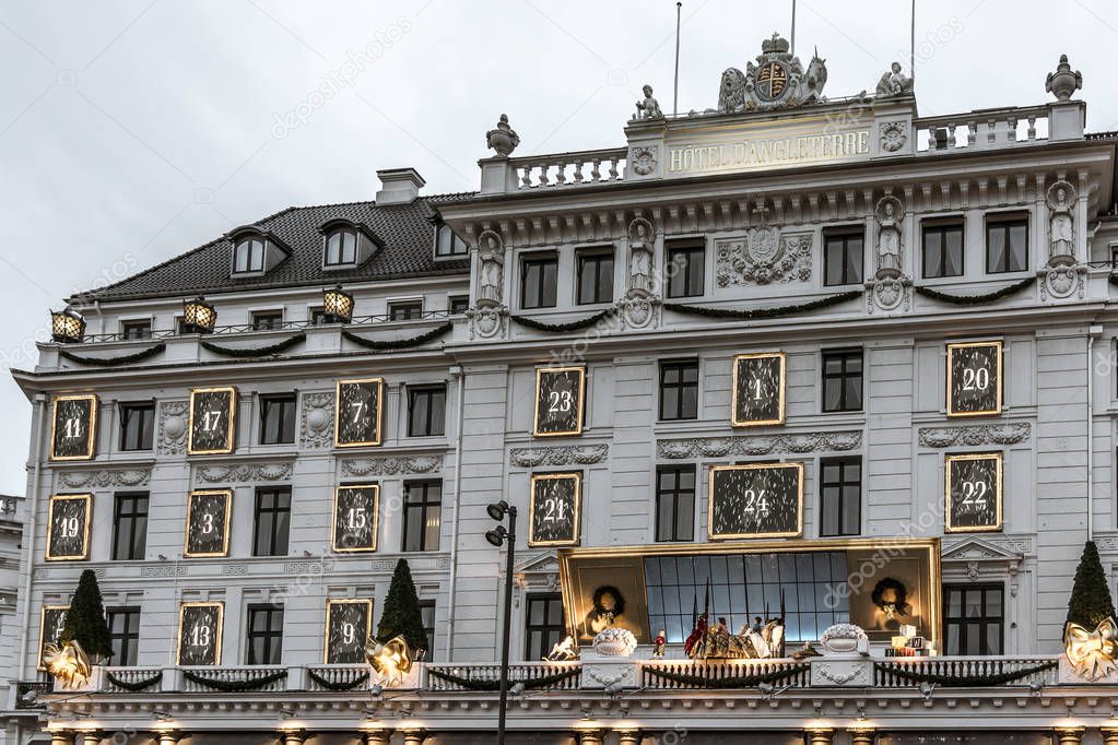 Facade of  Hotel d Angleterre Copenhagen, with Christmas decorations, Denmark, November 28, 2017