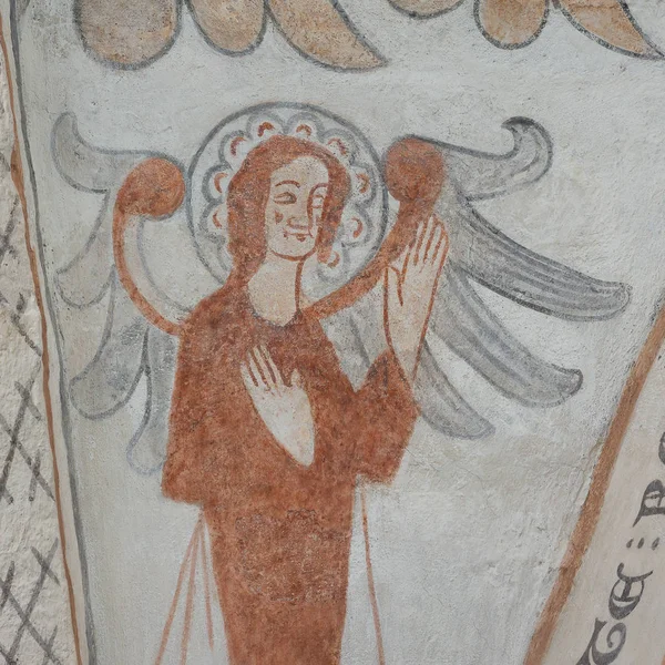 Angel Two Big Wings Lifting His Hands Gothic Fresco Kirkerup — Foto de Stock