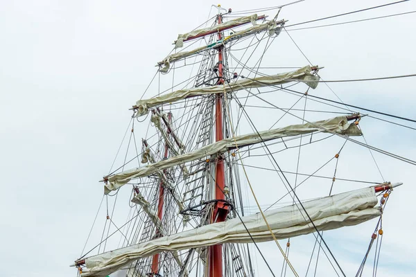 The rigging of the brig Aphrodite, foreamast and mainmast with rotated yards, Hundested, Denmark, July 31, 2018