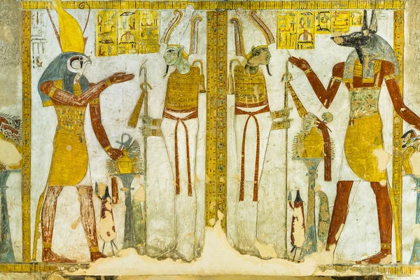 Pintura Dos Deuses Egípcios Horus Anubis Túmulo Tausert Setnakht Vale — Fotografia de Stock