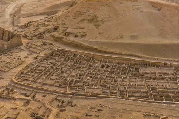 Ancient ruins at the village of The Workers at Deir El-Medina, a view from a hot air balloon, Luxor, Egypt, october 22, 2018