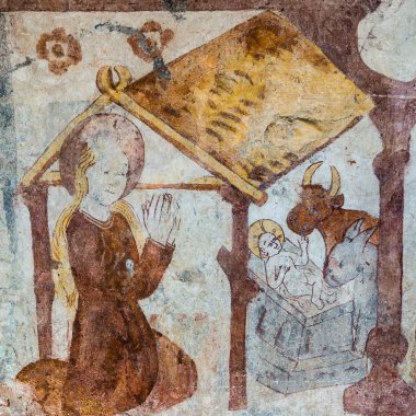 Mary yeni doğan çocuğun önünde diz çöküyor. Gotik fresco fr