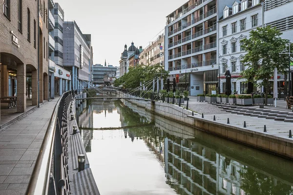 Downtown Aarhus with the sidewalk and canal — Stok fotoğraf