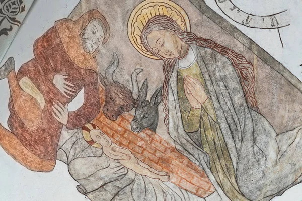 Середньовічна фреска Різдва Христового — стокове фото