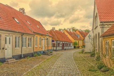 Picturesque streetwiev of an old alleyway in  Ebeltoft, Denmark, September 9, 2019