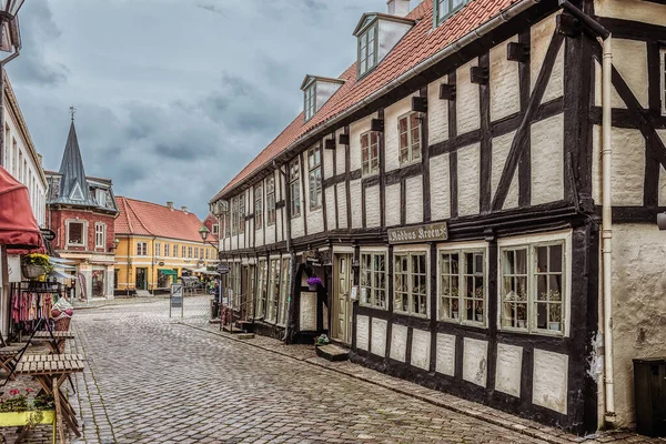 Shoppingstreet Cobblestone Half Timbered Houses Black White Ebeltoft Denmark September — Stockfoto