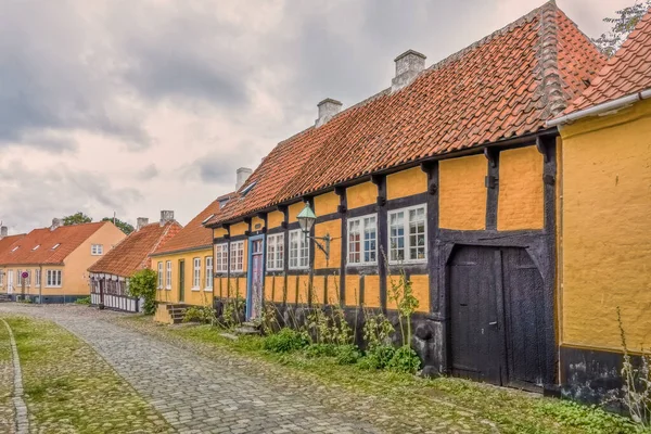 Yellow Half Timbered House Hollyhochs Old Alleyway Ebeltoft Denmark September — Stock fotografie