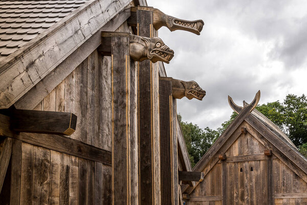 Dreagonheads at the King 's Hall, a reconstructed viking longhouse in Lejre, Denmark, July 9, 2020