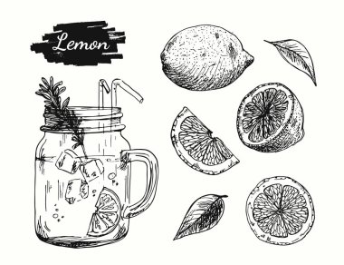 Limonata limon beyaz arka plan üzerinde ile kroki kavanoz