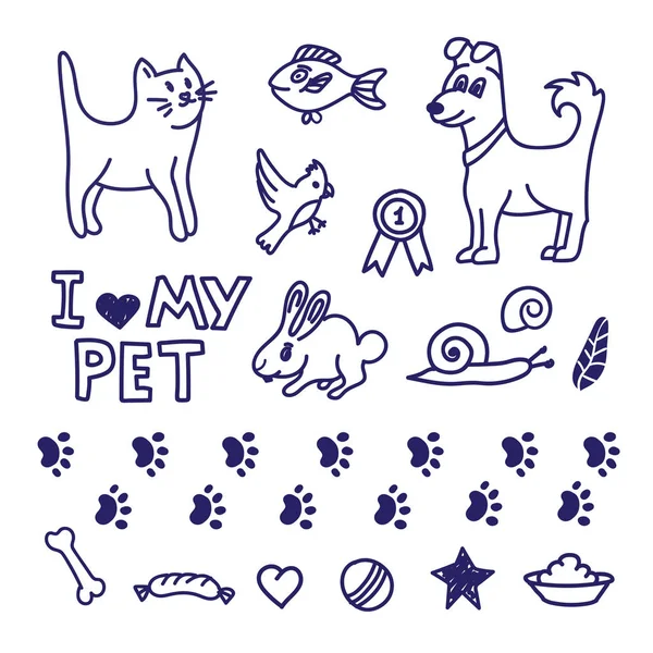 Cartone Animato Pet Doodle Icone Sfondo Bianco — Vettoriale Stock