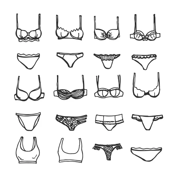 Vrouwelijke Lingerie Hand Getekende Pictogrammen Witte Achtergrond — Stockvector