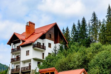 Kırmızı bir çatı ile ormanda yüksek ev