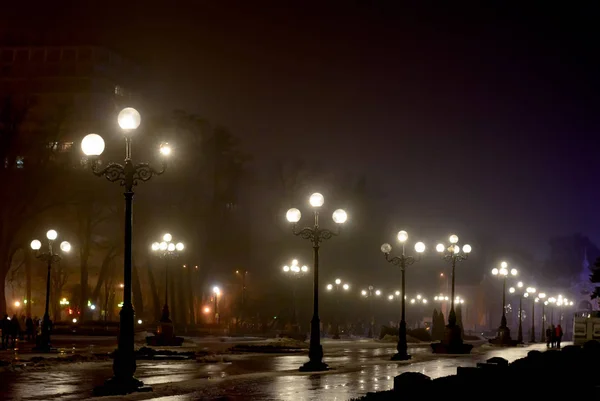 Lanterns Fog Evening Winter Park — Stock Photo, Image