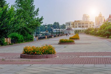 Kiev. Geniş Quay yaz çiçek yatak Obolon Dinyeper River.Toning boyunca alanda ile