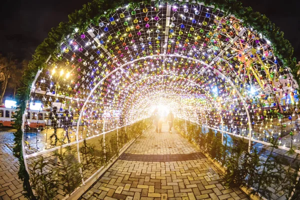 Tunnel Luminous Garlands Winter Toning — Stock Photo, Image