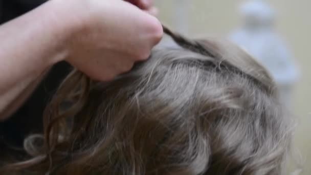 编织辫子女孩与金发在美容院 — 图库视频影像