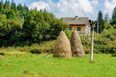 İki haystacks Karpatlar bir köyde. Ukrayna.