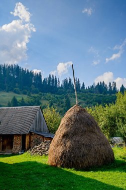 Haystacks Karpatlar bir köyde. Ukrayna.